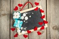 Love and Valentine Day decoration with hearts, frame, gift box Royalty Free Stock Photo