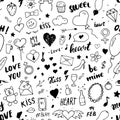 Love and Valentine Day seamless pattern vector illustration. Hand drawn sketched doodle romantic symbols background