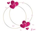 Love Valentine`s day background with pink hearts and golden round frame rings, elegant Valentine card template, Valentine`s day