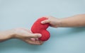 Love and Valentine`s day concept.  Adult and child hands holding red heart, family , love and good relationship Royalty Free Stock Photo