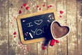 Love or Valentine`s Day Concept with Chalkboard, Hearts and Coff