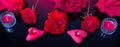 Love and Valentine's day concept made from red roses and candles on black background. Royalty Free Stock Photo