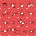 Love Valentines day Hand Drown Hearts Doodles Seamless Pattern. Vector romantic texture on red background. Cute heart Royalty Free Stock Photo