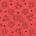 Love Valentines day Hand Drown Hearts Doodles Seamless Pattern. Vector romantic texture on red background. Cute heart Royalty Free Stock Photo