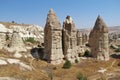 Love valley in Goreme village, Turkey. Rural Cappadocia landscape. Stone houses in Goreme, Cappadocia. Royalty Free Stock Photo