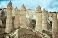 Love valley with huge phallus shape stones in Goreme village, Turkey. Rural Cappadocia landscape.