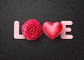 Love vector concept design. Love 3d text with dahlia or rose flower and heart elements