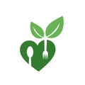 Love for vegan food- logo with organic leaves and spoon forks for organic Vegetarian friendly diet Royalty Free Stock Photo