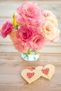 Love Vintage Background - Beautiful Flowers and Two Handmade Hearts Royalty Free Stock Photo