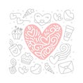 Love vintage heart in center with doodle vector elements. Hand drawn valentine poster envelope cake, cup. Romantic