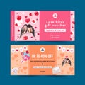 Love voucher design with roses, cupid, bird watercolor illustration Royalty Free Stock Photo