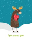 Love warms you. Cute moose hugging big red heart under falling snowflakes