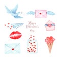 love watercolor set, watercolor illustration with love for valentine's day, envelope, dove with letter, paper airplane