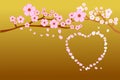 Full bloom cherry blossoms and blowing/flying petals in heart shape; on gradient gold background. Vector illustration - flat desig