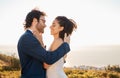 Love, wedding and bride with groom on mountain for marriage ceremony, commitment and celebration. Romance, happiness and Royalty Free Stock Photo