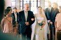 Love, wedding and church bride with father walking in aisle for ceremony with friends, family and parents. Happy Royalty Free Stock Photo