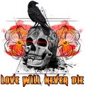 Love Will Never Die Skull and Crow Digital Illustration, Tattoo Design