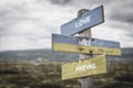 love will prevail text quote on wooden signpost outdoors, written on the ukranian flags