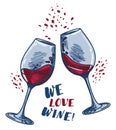 `We love wine` poster with two wine glasses