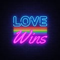 Love Wins Neon Text Vector. Love Wins neon sign, design template, modern trend design, night neon signboard, night Royalty Free Stock Photo