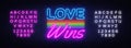 Love Wins Neon Text Vector. Love Wins neon sign, design template, modern trend design, night neon signboard, night Royalty Free Stock Photo