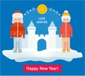 Love winter card. A boy and a girl are standing next to the snow fortress.