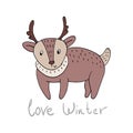 Love winter card with cute, funny deer in vector. Royalty Free Stock Photo