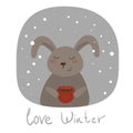 Love Winter card with rabbit and cup Royalty Free Stock Photo