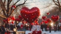 Love in a Winter Park red heart balloons amidst Christmas decorations in a snowy park, radiating love and festive cheer at sunset