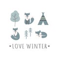 Love winter slogan cartoon t-shirt template. Colorful arctic fox character with trees.