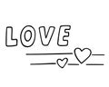 Love word with hearts, hand-drawn romantic design element.Passionately feelings,festive decoration, drawing b