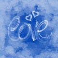 Love word lettering and hearts written with fire flame or smoke on cloud background