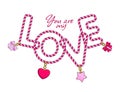 Love word. Rope and chains lettering. Jewelry decoration in Boho style