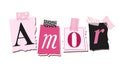 Love, a word in Spanish from newspaper letters, a collage for a wedding, a romantic date. Vector illustration in trendy