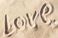 Love, word - written by hand in sand on a sea beach Royalty Free Stock Photo