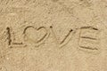 Love word written on the sand at the beach, natural background of love symbol Royalty Free Stock Photo