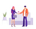 Love at work office affair concept. Man and woman characters holding hands employees in romantic. Royalty Free Stock Photo