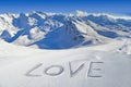 Love written in the snow, mountain landscape