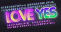 LOVE YES, English alphabet and numbers neon signs collection. Neon sign, night bright advertisement, colorful signboard