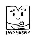 Love yoself. Cute kawaii heart hugging yourself. Doodle style Vector