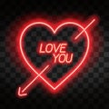 Love you. Bright neon heart. Heart sign with cupid arrow on dark transparent background. Neon glow effect