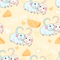 two cute lovely rats with cheese and hearts valentines greeting seamless pattern, i love you slogan, editable vector Royalty Free Stock Photo
