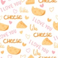 Cartoon drawing cheese and hearts valentines greeting seamless pattern, i love you like cheese slogan, editable vector Royalty Free Stock Photo