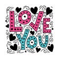 Love You. Color Hand lettering with hearts