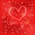 Love you. Drawn heart on the wet glass. Red backgr Royalty Free Stock Photo