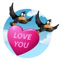 Love you. Flying funny crows carries a big heart Royalty Free Stock Photo