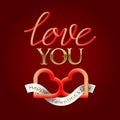 Love You golden and fluid 3d lettering text with two connected hearts symbol. Happy Valentines Day greeting card design