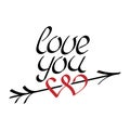 Love you hand draw lettering, arrow and two hearts . Love you vector illustration for greeting card and banner