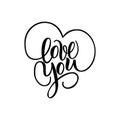 Love You, hand written brush lettering with hearts. Romantic calligraphy. illustration isolated on white. Greeting Card Royalty Free Stock Photo