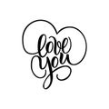 Love You, hand written brush lettering with hearts. Romantic calligraphy. Vector illustration isolated on white Royalty Free Stock Photo